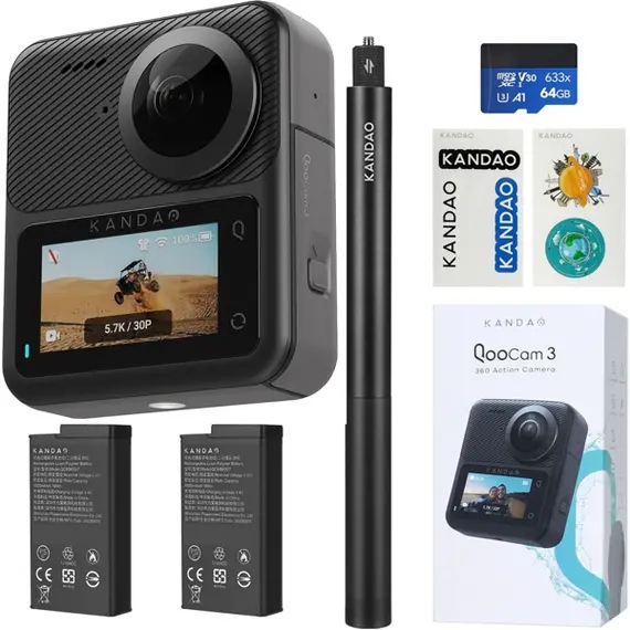 ექშენ კამერა KanDao Q23G-02 QooCam 3, 62MP, 360 Action Camera Travel Combo, Black - Primestore.ge