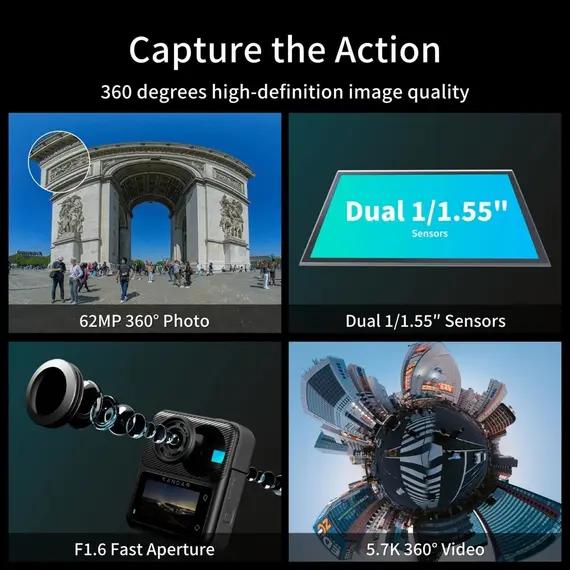 ექშენ კამერა KanDao Q23G-02 QooCam 3, 62MP, 360 Action Camera Travel Combo, Black - Primestore.ge