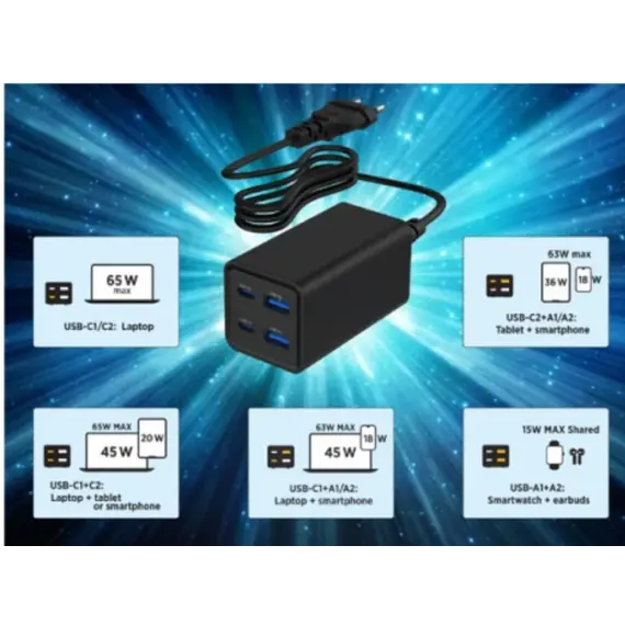 დამტენი Gembird TA-UC-2A2C-PD65-01-BK 4-port 65W GaN USB PowerDelivery fast charger Black , 3 image - Primestore.ge