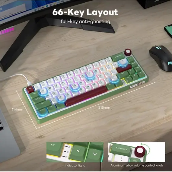 კლავიატურა Royal Kludge RK R65 RGB Mechanical Keyboard, Chartreuse switch, Hot Swappable, Type-C wired, Green sand - Primestore.ge
