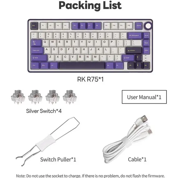 კლავიატურა Royal Kludge RK R75 RGB Mechanical Keyboard, Brown switch, Hot Swappable, Hot Swappable, Type-C wired, Blackberry - Primestore.ge