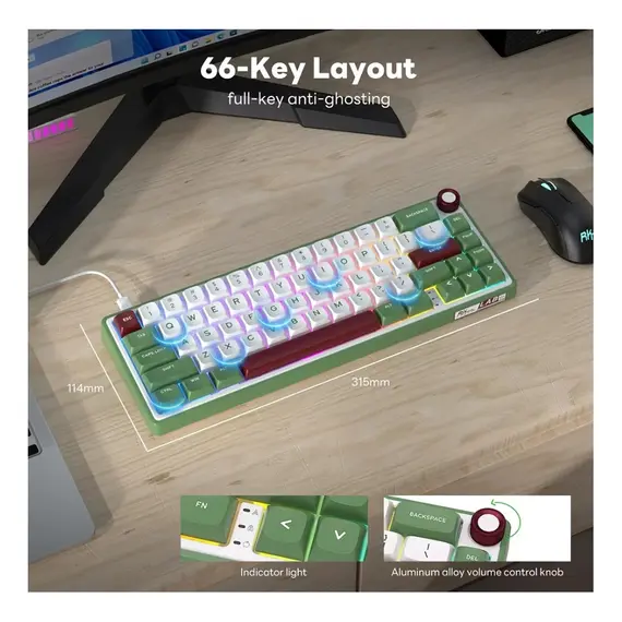 კლავიატურა Royal Kludge RK R65 RGB Mechanical Keyboard, Brown switch, Hot Swappable, Type-C wired, Green sand - Primestore.ge