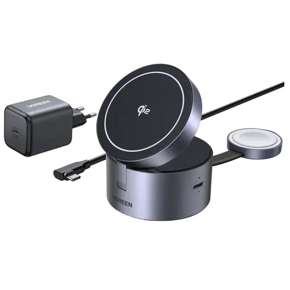 უსადენო დამტენი UGREEN W712 (65148) Magflow Qi2.2, 15W, 3in1 Wireless Charger, Grey - Primestore.ge