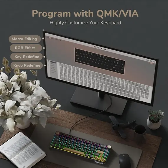 კლავიატურა Royal Kludge RK R65 RGB Mechanical Keyboard, Chartreuse switch, Hot Swappable, Type-C wired, Phantom - Primestore.ge