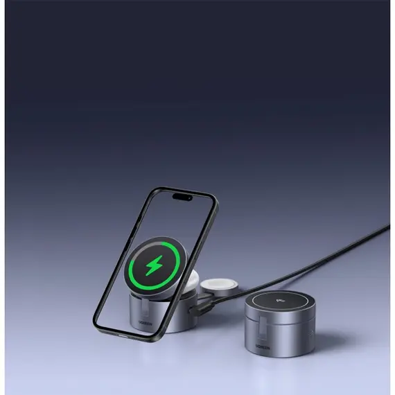 უსადენო დამტენი UGREEN W712 (65148) Magflow Qi2.2, 15W, 3in1 Wireless Charger, Grey - Primestore.ge