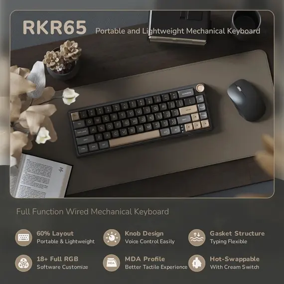 კლავიატურა Royal Kludge RK R65 RGB Mechanical Keyboard, Brown switch, Hot Swappable, Type-C wired, Phantom - Primestore.ge