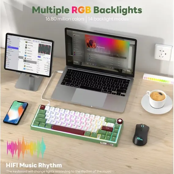 კლავიატურა Royal Kludge RK R65 RGB Mechanical Keyboard, Chartreuse switch, Hot Swappable, Type-C wired, Green sand - Primestore.ge