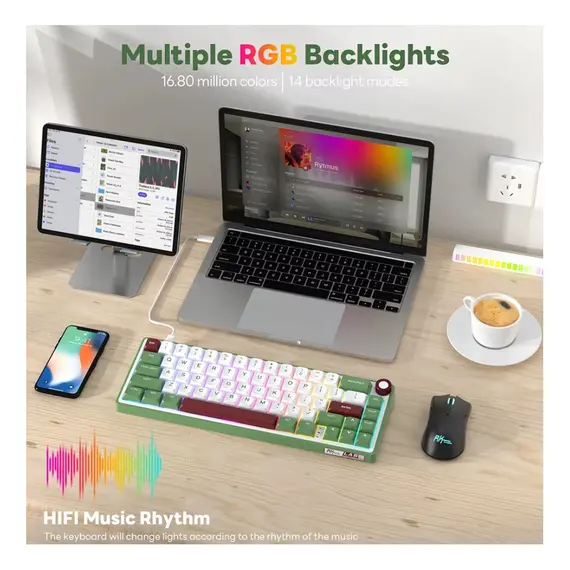 კლავიატურა Royal Kludge RK R65 RGB Mechanical Keyboard, Brown switch, Hot Swappable, Type-C wired, Green sand - Primestore.ge