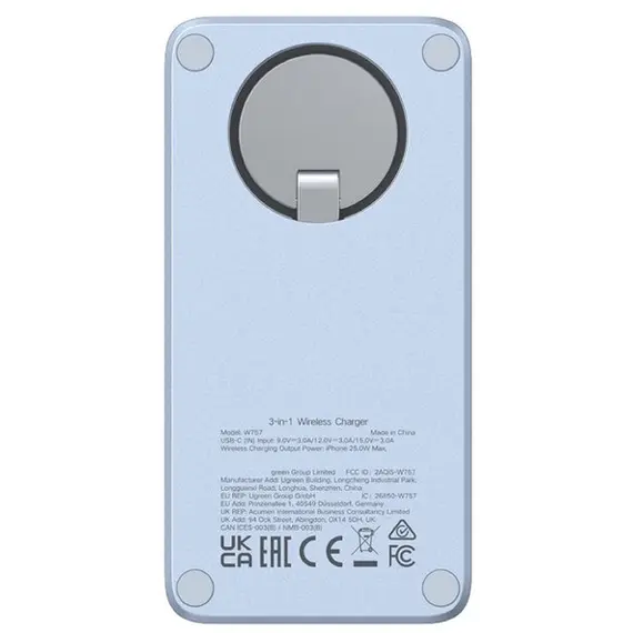 უსადენო დამტენი UGREEN W757 (65901), MagFlow 25W, 3-in-1 Magnetic Wireless Charger, Blue - Primestore.ge