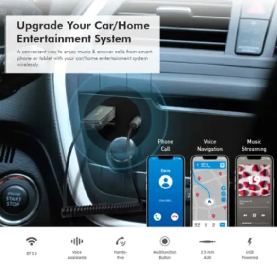 ადაპტერი Logilink BT0065 Wireless Audio Receiver for Vehicles With 3.5mm AUX &amp; USB Connector - Primestore.ge