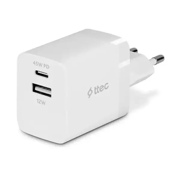 ადაპტერი TTEC SMARTCHARGER DUO PD 45W TRAVEL FAST CHARGER USB-C+USB-A WHITE - Primestore.ge