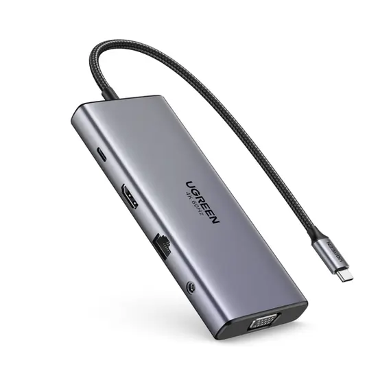 USB-C ჰაბი UGREEN CM639 (45520), Type-C, USB-A, HDMI, VGA, RJ45, SD/TF, 3.5MM, PD, 11-in-1 USB-C Hub, Grey - Primestore.ge
