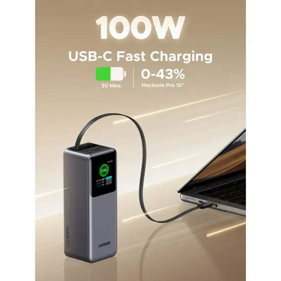 პორტატული დამტენი UGREEN PB726 (55987B) Nexode, 20000mAh, USB, Type-C, Power Bank With Retractable Type-C Cable, Grey - Primestore.ge