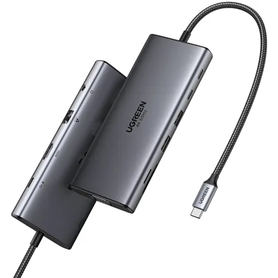 USB-C ჰაბი UGREEN CM639 (45520), Type-C, USB-A, HDMI, VGA, RJ45, SD/TF, 3.5MM, PD, 11-in-1 USB-C Hub, Grey - Primestore.ge