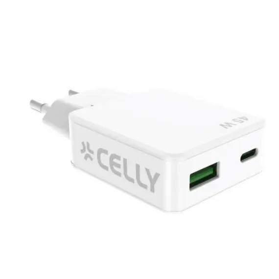 ადაპტერი Celly SLIM TRAVEL CHARGER  1 PORT USB-C + 1 PORT USB- A 45W - Primestore.ge