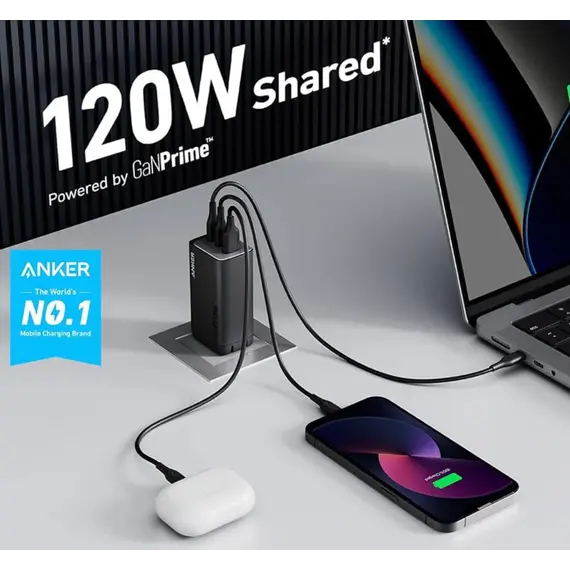 სწრაფი დამტენი Anker 737 Charger(GaNPrime 120W) (3) - EU/ES/FR/ES Black 3 - Primestore.ge