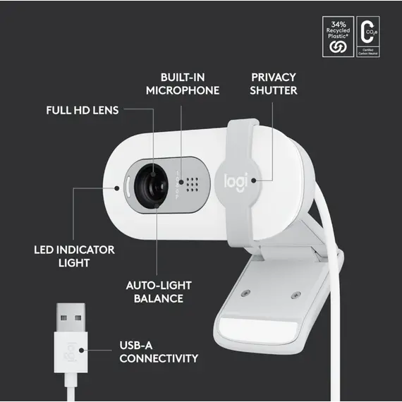 Webcam LOGITECH Brio 100 Full HD Webcam - OFF-WHITE - USB - EMEA28-935, 3 image