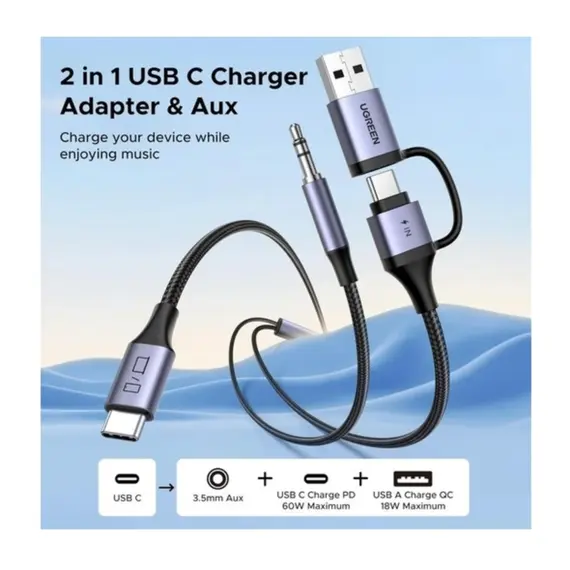 აუდიო ადაპტერი და დამტენი UGREEN CM772 (45009), 60W, 2-in-1 Audio Charger Adapter And AUX, 1.5m, Black/Grey - Primestore.ge