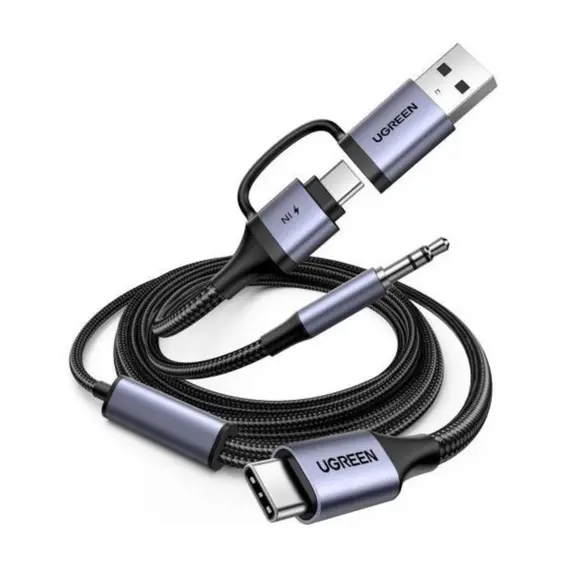 აუდიო ადაპტერი და დამტენი UGREEN CM772 (45009), 60W, 2-in-1 Audio Charger Adapter And AUX, 1.5m, Black/Grey - Primestore.ge