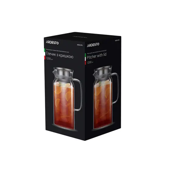 მინის დოქი თავსახურით ARDESTO Pitcher with lid, 1200 ml, borosilicate glass, s/s , 2 image - Primestore.ge