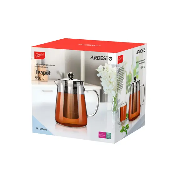 ჩაის დასაყენებელი ARDESTO Tea pot Gemini, 950 ml, borosilicate glass, s/s , 2 image - Primestore.ge
