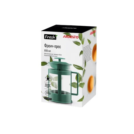 ჩაის დასაყენებელი ARDESTO French press Fresh, 800 ml, green, plastic, glass , 3 image - Primestore.ge