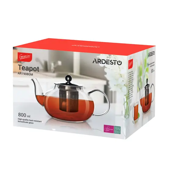 ჩაის დასაყენებელი ARDESTO Tea pot Gemini, 800 ml, borosilicate glass, s/s , 2 image - Primestore.ge