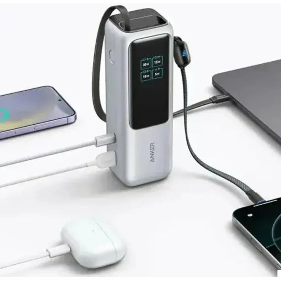 პორტატული დამტენი Anker Power Bank (25K, 165W, Built-In USB-C and Retractable Cable) - Silver - Primestore.ge