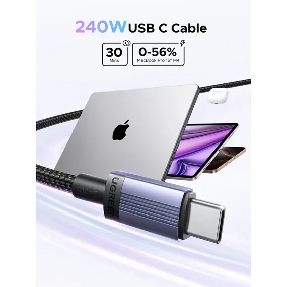 USB კაბელი UGREEN L532 (65907), 240W, Type-C to Type-C PD Fast Charging Cable, 1m, Space Gray - Primestore.ge