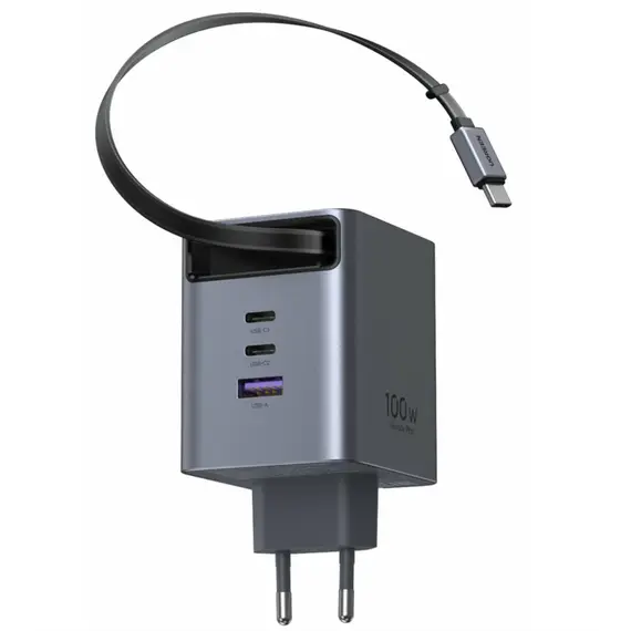 ადაპტერი UGREEN X616 (65828), 100W, GaN Fast Charger with Retractable Cable, Grey - Primestore.ge