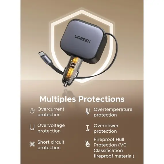 მანქანის დამტენი UGREEN EC604 (55910B) Nexode, 145W, Car Charger With Retractable Type-C Cable, Grey - Primestore.ge