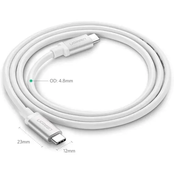 USB კაბელი UGREEN US264 (60520), 60W, Type C 2.0 Male To Male Cable, 2m, White - Primestore.ge