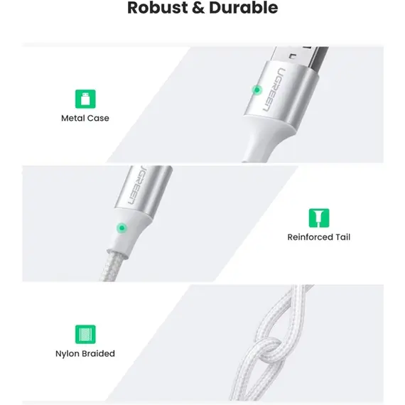 USB კაბელი UGREEN US288 (60133), USB-A 2.0 to Type-C Cable Nickel Plating Aluminum Braid, 2m, White - Primestore.ge