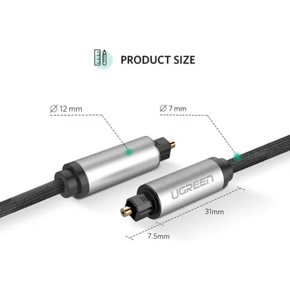 ოპტიკური აუდიო კაბელი UGREEN AV108 (10540), Toslink Optical Audio Cable, 2m, Black/Silver - Primestore.ge