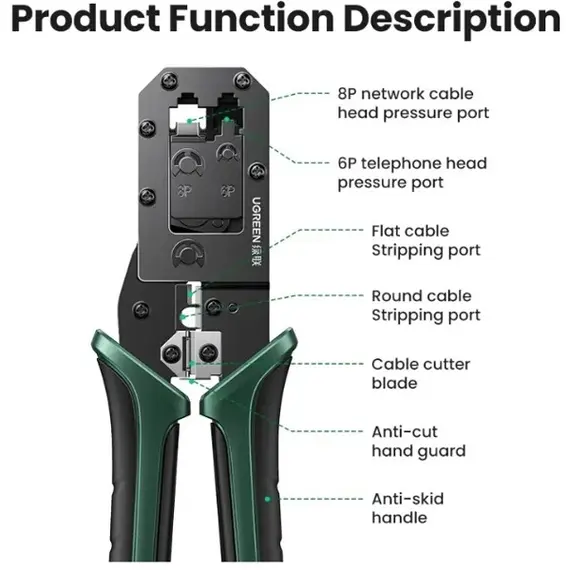 ჯეკმეიკერი UGREEN NW304 (35971), Crimping Tool, Black/Green - Primestore.ge