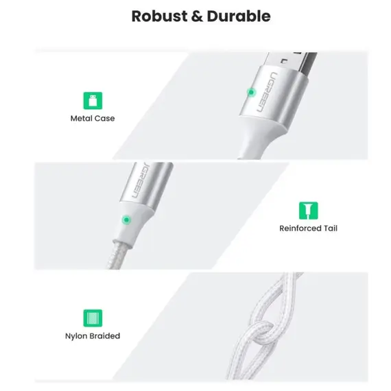 კაბელი Ugreen USB-A 2.0 to USB-C Cable  2m White/60133 - Primestore.ge