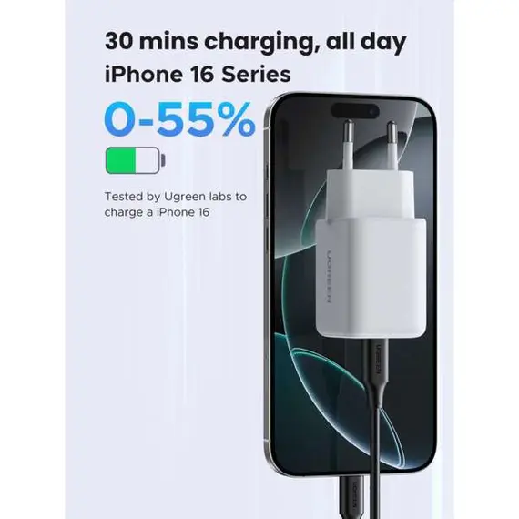 ადაპტერი UGREEN X514 (65006), 20W, 2 Port, Type-C, USB A, GaN Fast Charger, White - Primestore.ge