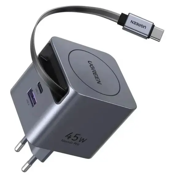 ადაპტერი UGREEN X614 (65822), 45W, Type-C, USB, GaN Fast Charger With Retractable Cable, Grey - Primestore.ge