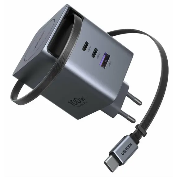 ადაპტერი UGREEN X616 (65828), 100W, GaN Fast Charger with Retractable Cable, Grey - Primestore.ge