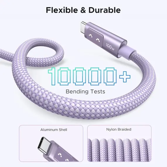USB კაბელი UGREEN Uno L509 (65092), 100W, Type-C to Type-C Fast Charging Cable, 1M, Purple - Primestore.ge