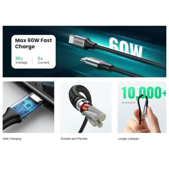 კაბელი Ugreen USB 2.0 C M/M Round Cable 2m Gray Black/50152 - Primestore.ge