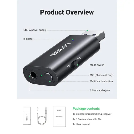 Bluetooth ადაპტერი UGREEN CM523 (60300), USB 2.0 to 3.5mm Bluetooth Transmitter/Receiver Adapter, Black - Primestore.ge
