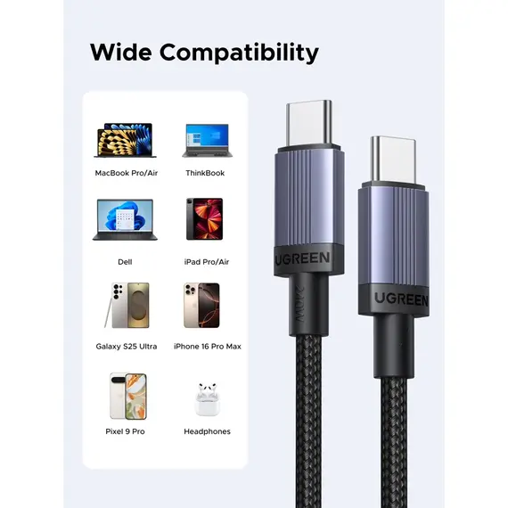 USB კაბელი UGREEN L532 (65907), 240W, Type-C to Type-C PD Fast Charging Cable, 1m, Space Gray - Primestore.ge