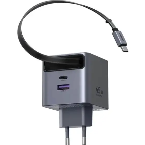 ადაპტერი UGREEN X614 (65822), 45W, Type-C, USB, GaN Fast Charger With Retractable Cable, Grey - Primestore.ge
