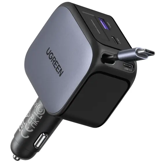 მანქანის დამტენი UGREEN EC604 (55910B) Nexode, 145W, Car Charger With Retractable Type-C Cable, Grey - Primestore.ge