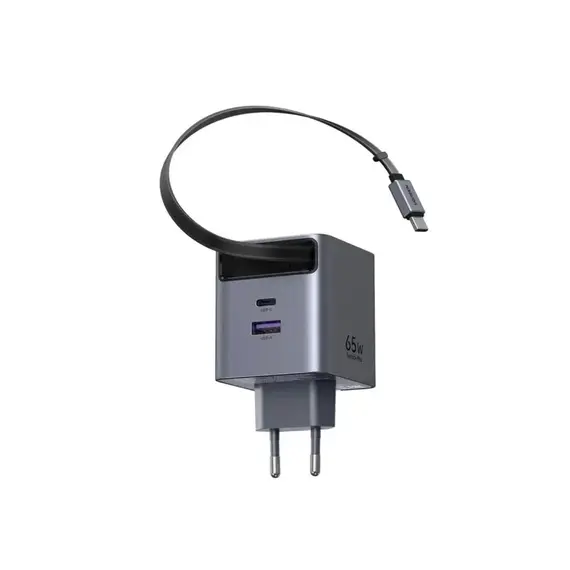 ადაპტერი UGREEN X615 (65825), 65W, Type-C, USB, GaN Fast Charger With Retractable Cable, Grey - Primestore.ge