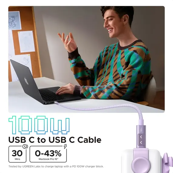 USB კაბელი UGREEN Uno L509 (65216), 100W, Type-C to Type-C Fast Charging Cable, 2M, Purple - Primestore.ge
