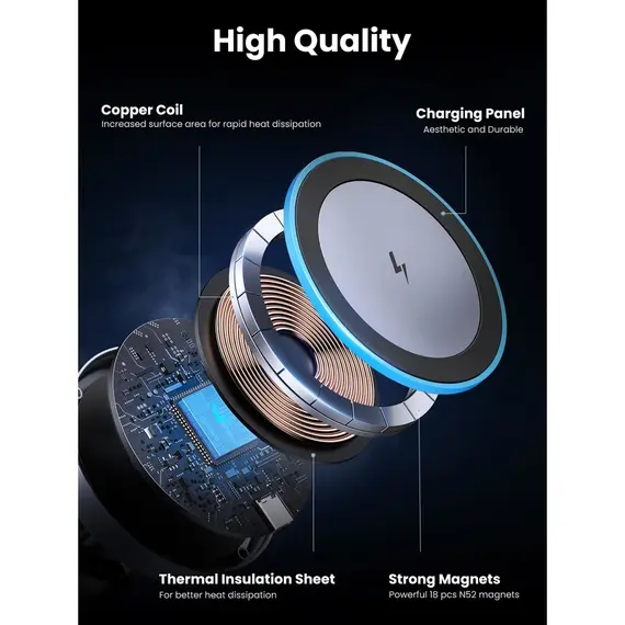მანქანის უსადენო დამტენი UGREEN 35970 Qi2, 15W, Wireless Car Mount Charger, Black/Grey - Primestore.ge