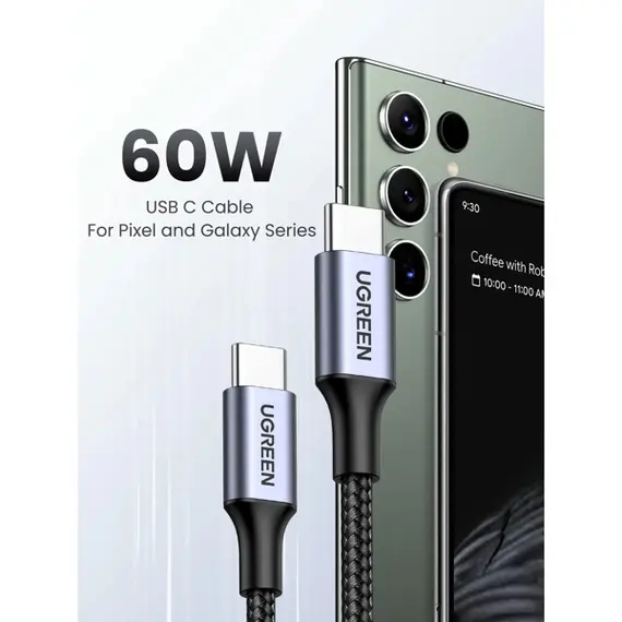 USB კაბელი UGREEN US261 (50149), 60W, Type-C To Type-C, 0.5m, Grey - Primestore.ge