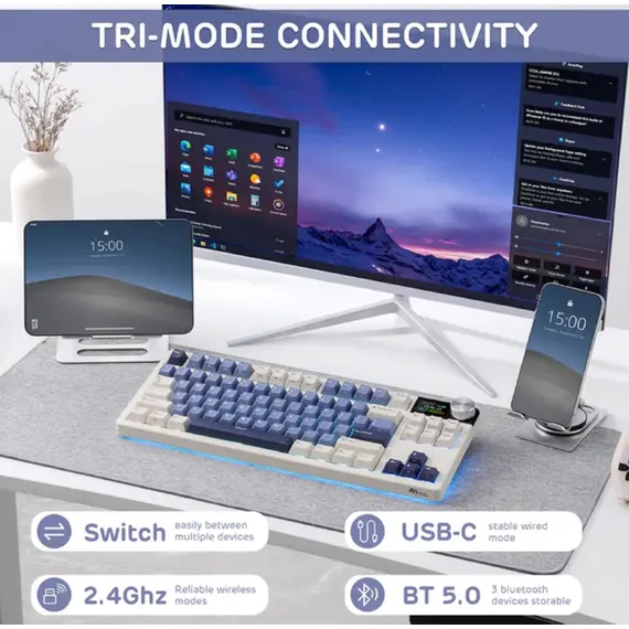 კლავიატურა Royal Kludge RK S85 RGB Mechanical Keyboard, Cloud switch, Hot Swappable, Wireless, Type-C, Bluetooth, 2.4GHz, Horizon Blue - Primestore.ge